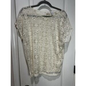 Chicos Lace Beige Blouse Top Sz 2 L Spring Sheer Short Sleeve Boho Spring